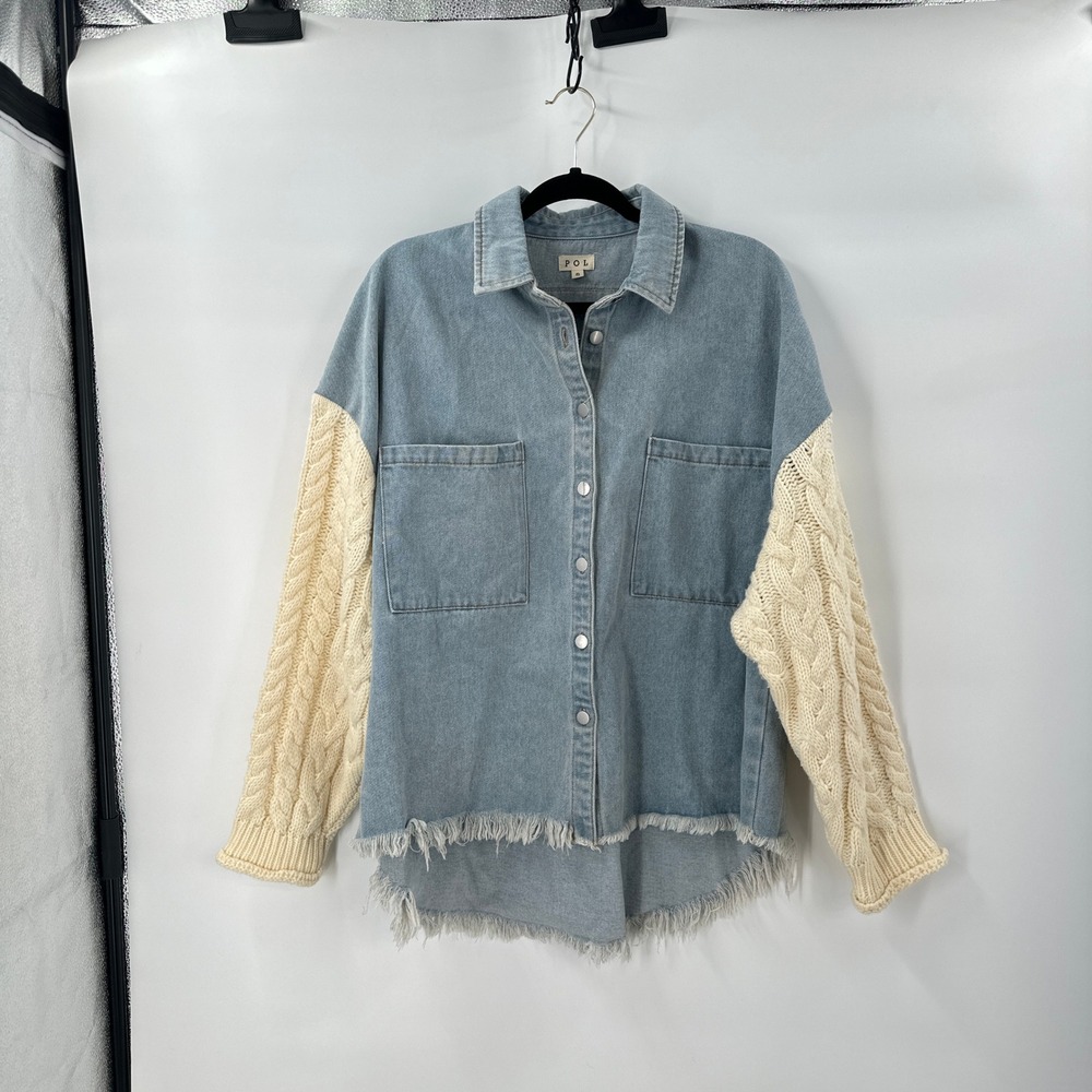 POL Denim Trucker Jacket Small Boho‎ Cable Knit Arms Raw Hem Shacket Mixed Media